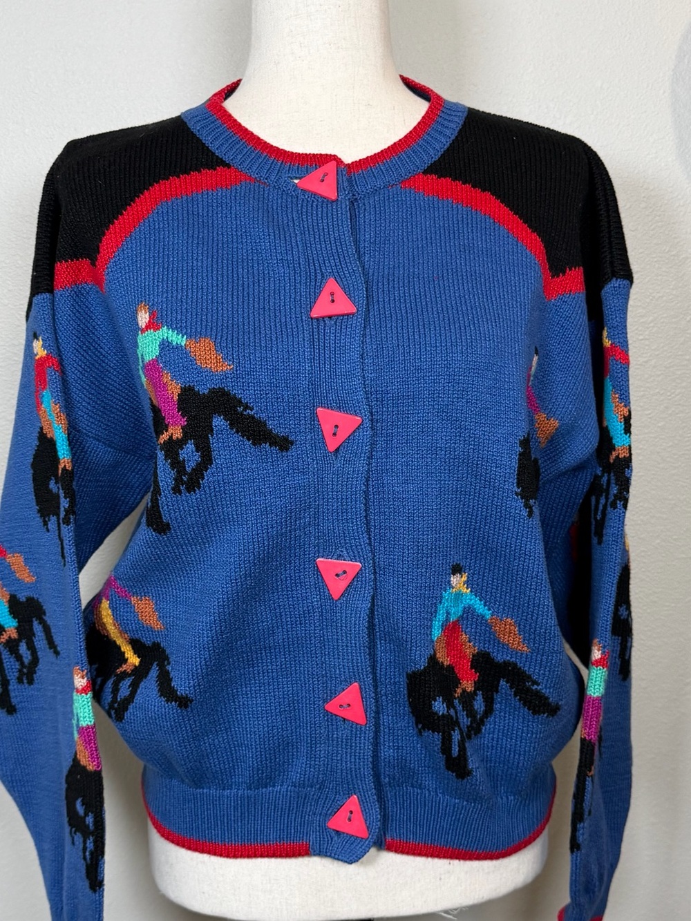 Vtg Christine Foley Equestrian Horse Sweater Cardigan Bucking Bronco 90s Medium